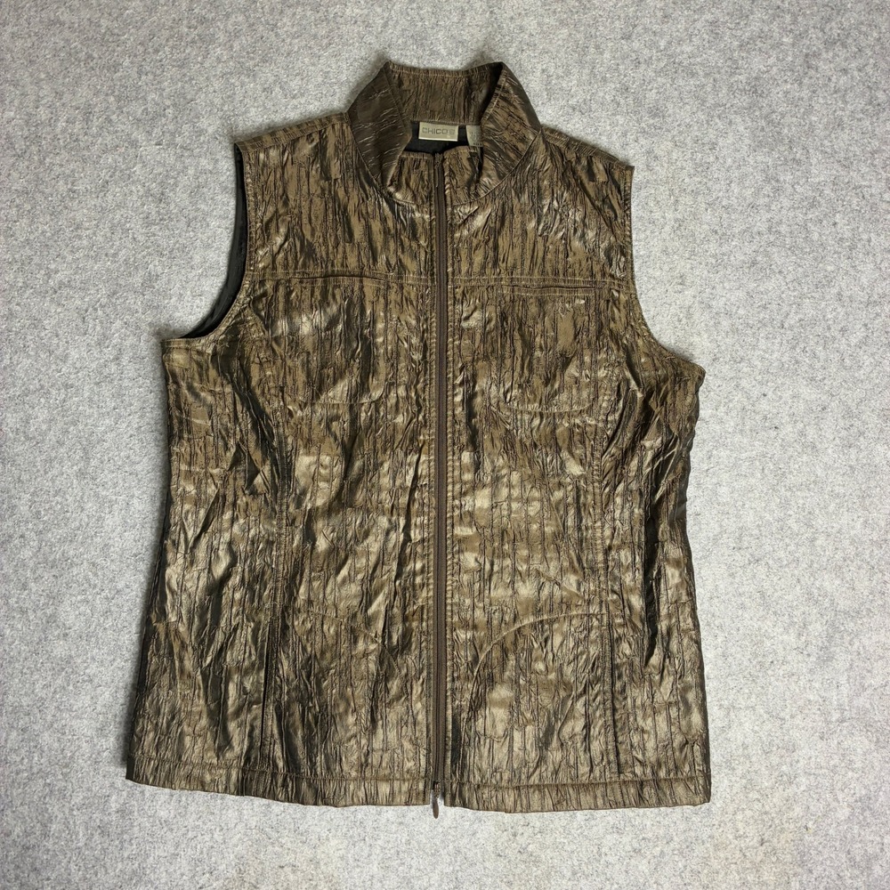 Chicos Womens Size 2 Bronze Metallic Crinkle Texture Full Zip Mock Neck Vest